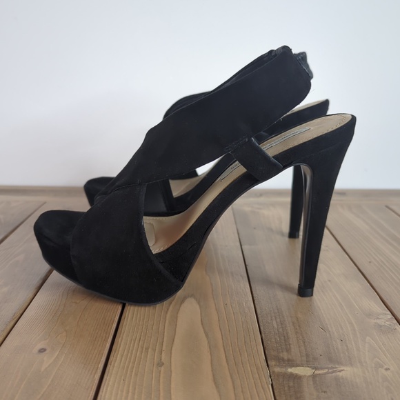 Diane Von Furstenberg Black Suede Open Toe Strappy Sling Back Heels - Picture 6 of 13